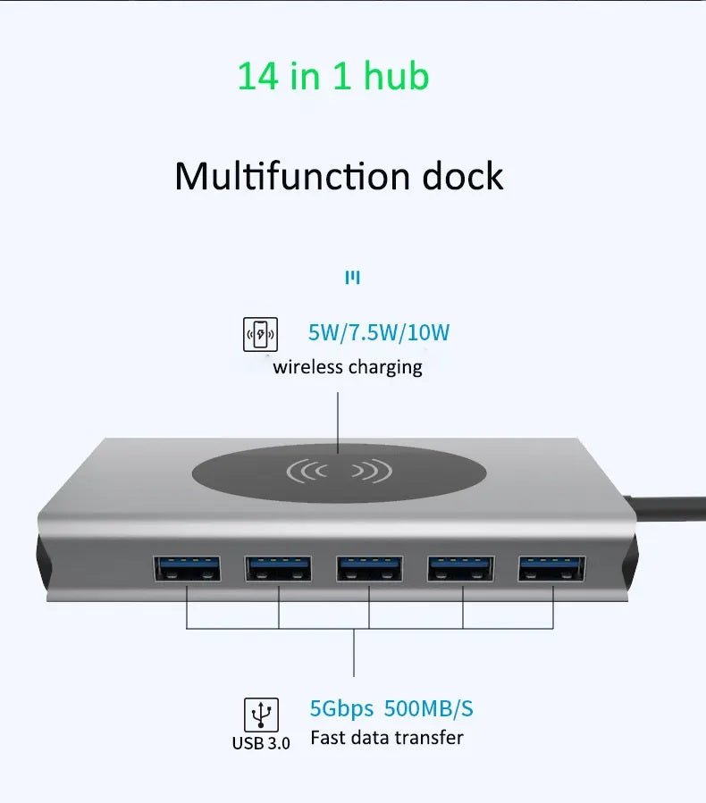 Hub Adaptador USB Tipo-C 15 en 1 con HDMI 4K, Ethernet Gigabit, PD 87W
