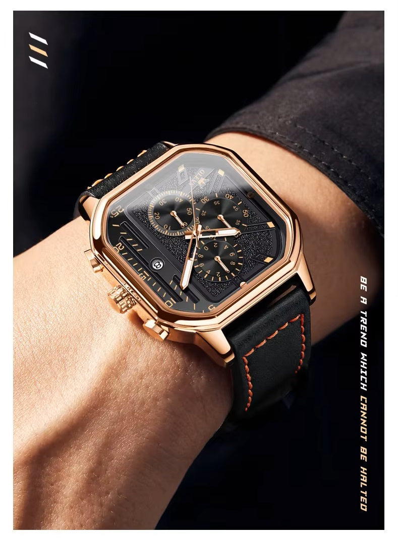Reloj de Hombre Cuadrado de Lujo con Cronógrafo, Correa de Cuero