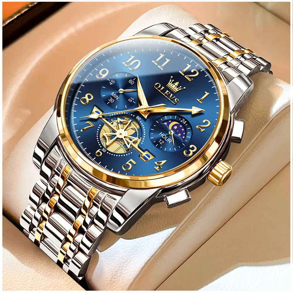 Reloj Cronógrafo Hombre con Esfera Azul, Función Fase Lunar