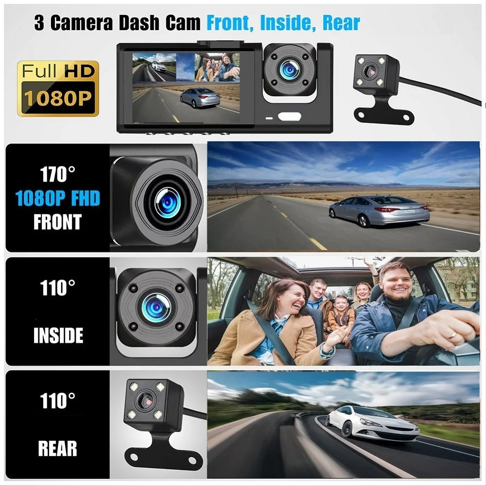 Cámara DVR para Auto Full HD 1080P 3 Canales Visión Nocturna WiFi
