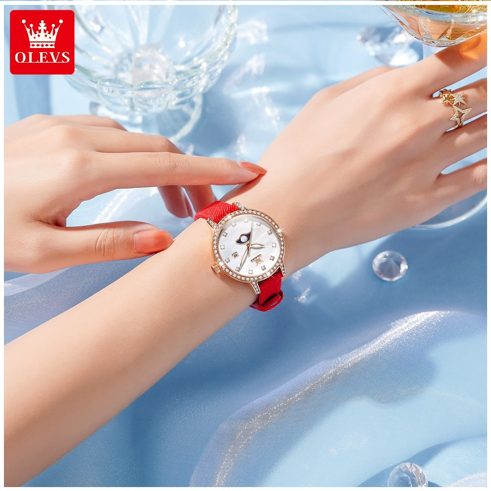 Reloj Mujer Elegante con Fase Lunar y Correa de Cuero Rojo