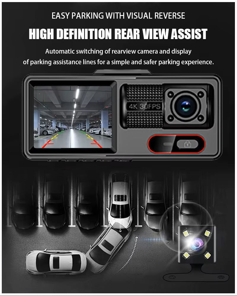 Cámara para Coche HD 1080P con Triple Grabación, WiFi, Sensor G