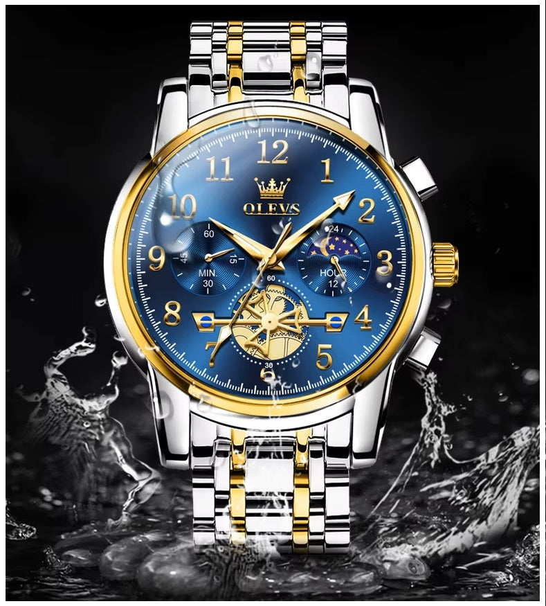 Reloj Cronógrafo Hombre con Esfera Azul, Función Fase Lunar