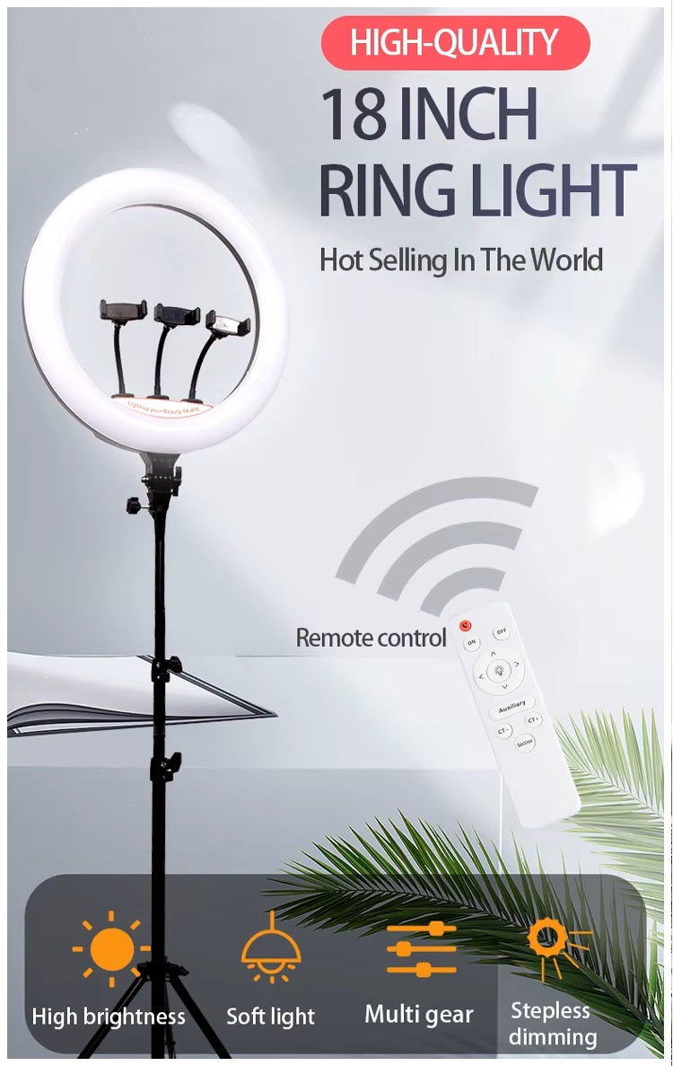 Aro LED 18" con 3 Soportes, Control Remoto y Atril de 2,10 m