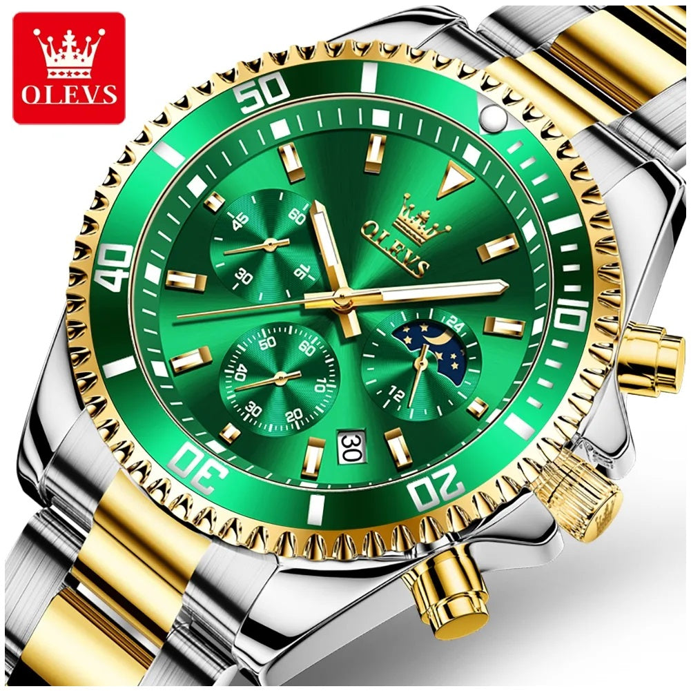 Reloj Cronógrafo Deportivo Hombre Acero Inoxidable Verde Dorado 42.5mm