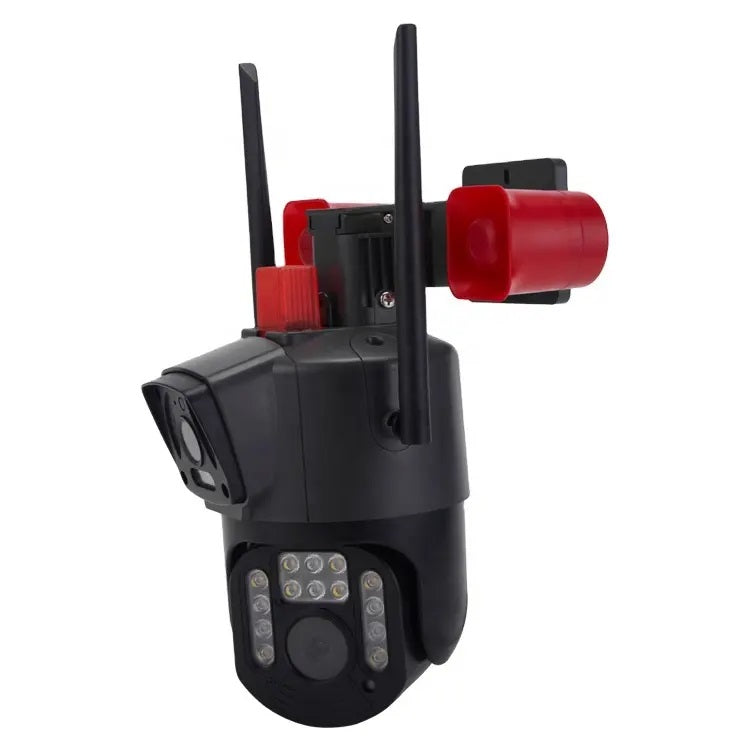Cámara Seguridad WiFi Doble Lente Sirena Baliza LED HD Cobertura