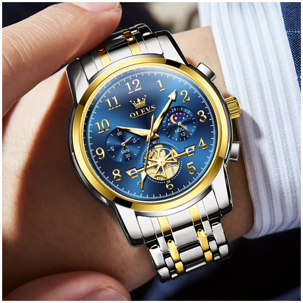 Reloj Cronógrafo Hombre con Esfera Azul, Función Fase Lunar