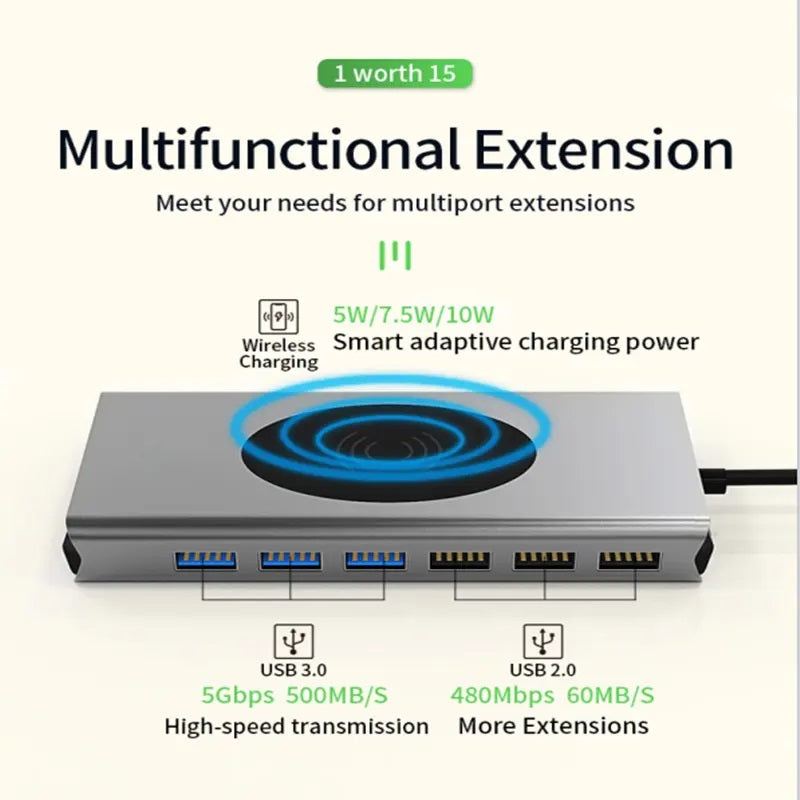 Hub Adaptador USB Tipo-C 15 en 1 con HDMI 4K, Ethernet Gigabit, PD 87W