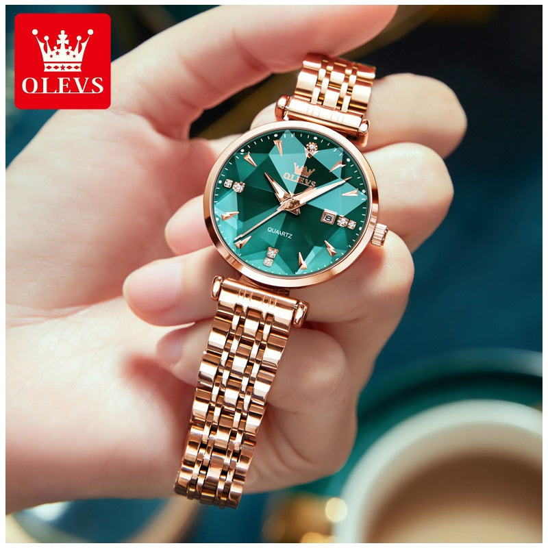 Reloj Cuarzo Mujer Esfera Esmeralda, Cristales y Correa de Acero
