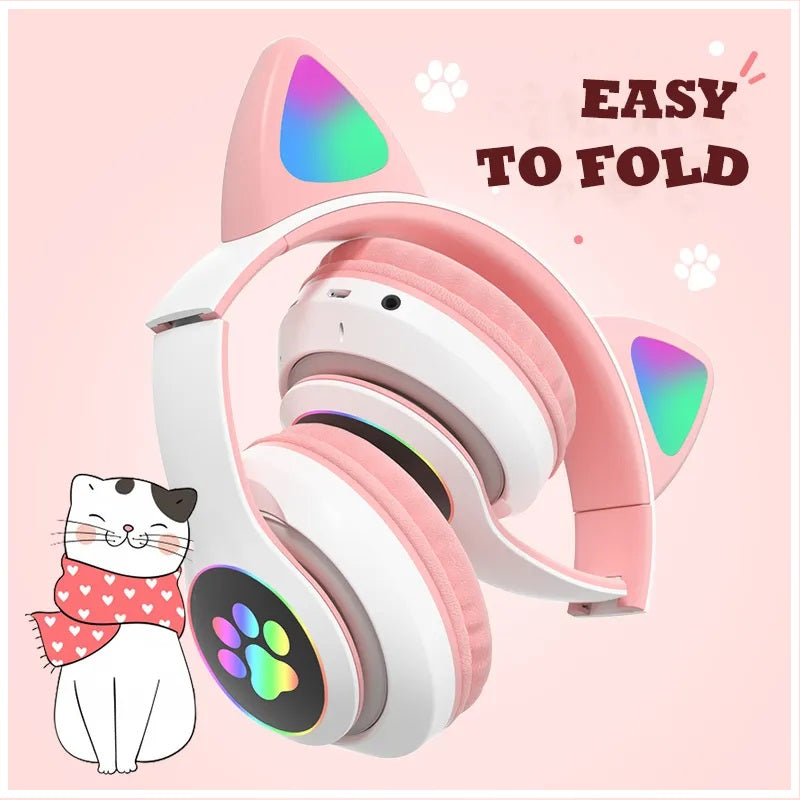 Audífonos RGB Orejas de Gato Bluetooth 5.0 – Rosado