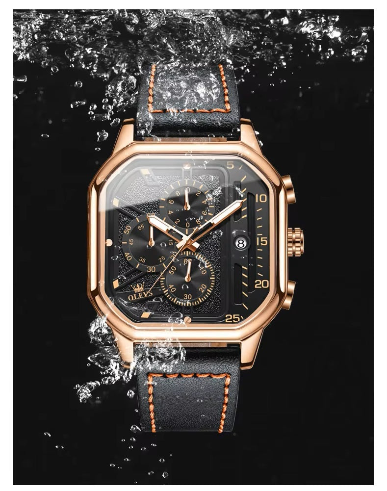 Reloj de Hombre Cuadrado de Lujo con Cronógrafo, Correa de Cuero