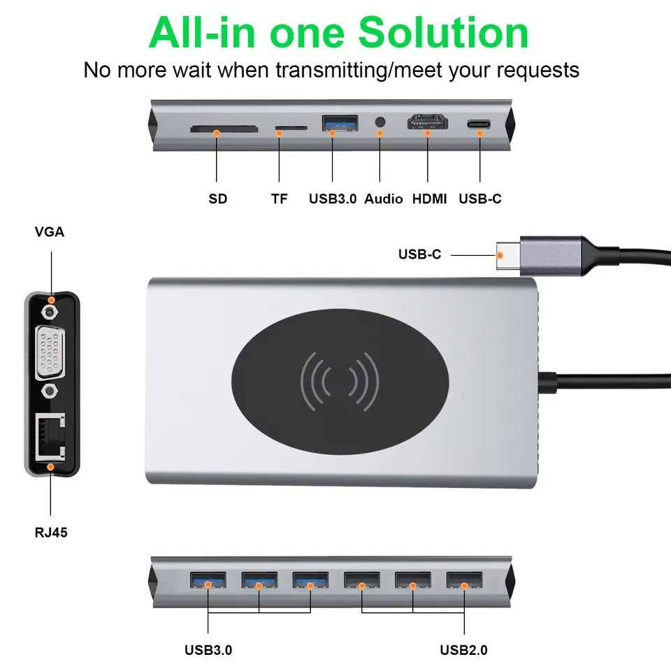 Hub Adaptador USB Tipo-C 15 en 1 con HDMI 4K, Ethernet Gigabit, PD 87W