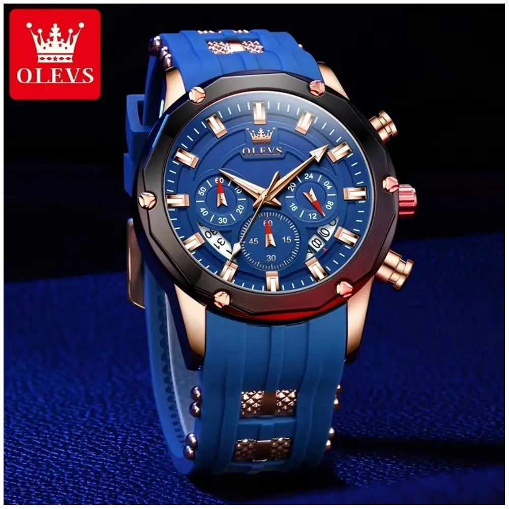 Reloj Cronógrafo Hombre con Calendario y Correa de Silicona Azul