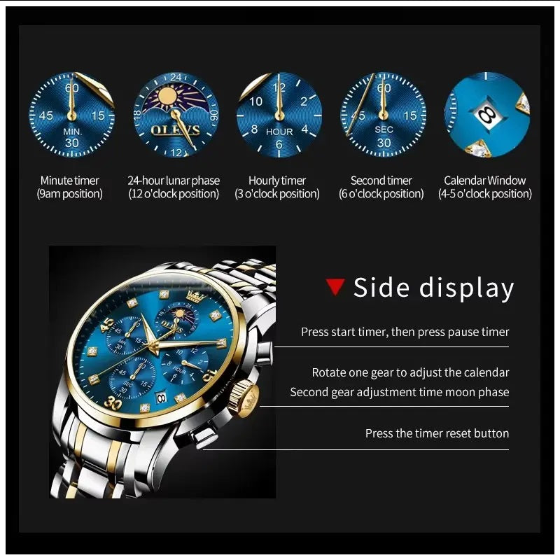 Reloj Hombre Lujo Deportivo y Elegante con Cronógrafo Fase Lunar
