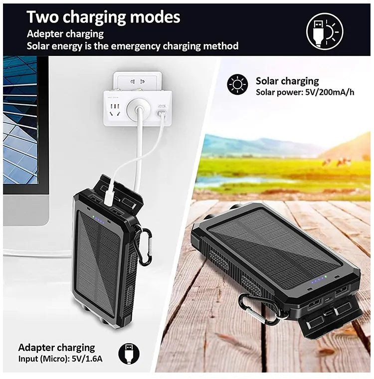 Cargador Solar Portátil 20000mAh Linterna Resistente al Agua y polvo