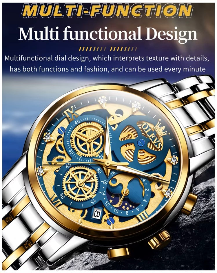 Reloj para Hombre con Diseño Esqueleto Dorado Multifunción