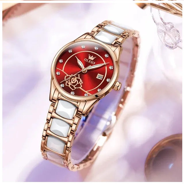 Reloj Elegante para Mujer con Esfera Roja Pulsera de Acero Inoxidable