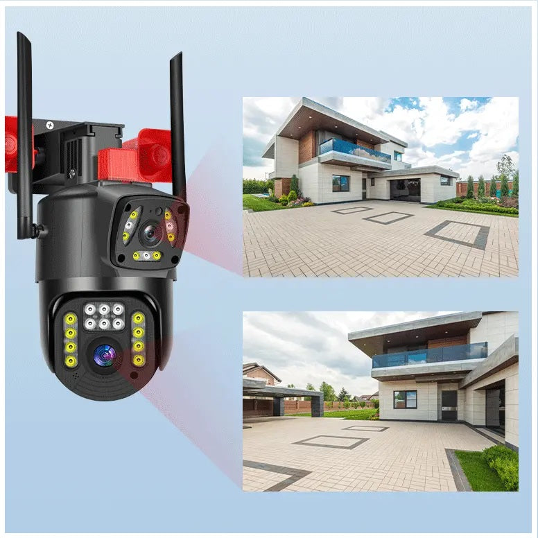Cámara Seguridad WiFi Doble Lente Sirena Baliza LED HD Cobertura