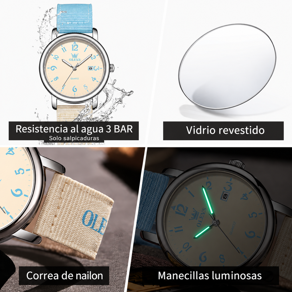 Reloj OLEVS 2991 para mujer celeste y beige, características en español: nailon, cristal, luminosidad y 3 BAR