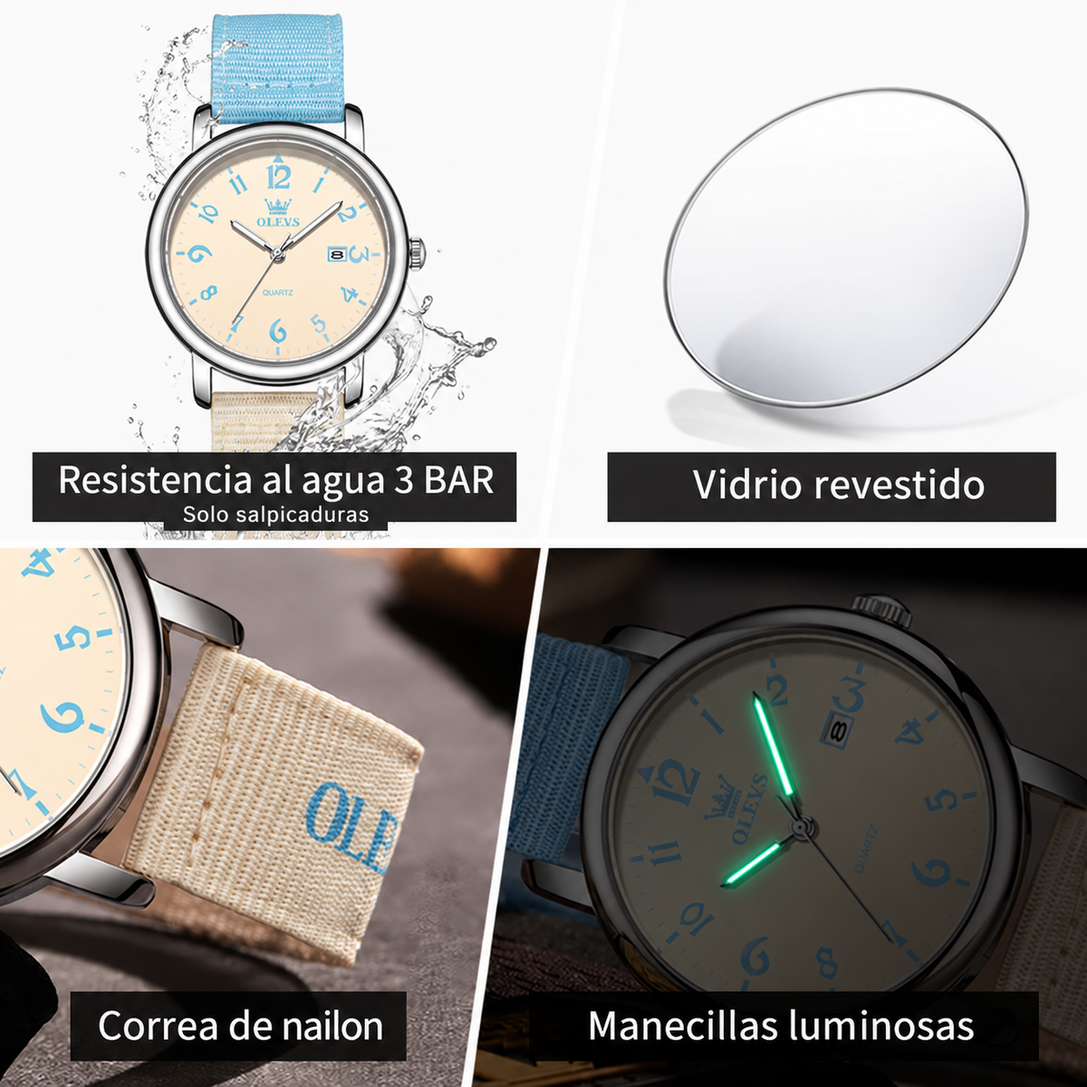 Reloj OLEVS 2991 para mujer celeste y beige, características en español: nailon, cristal, luminosidad y 3 BAR