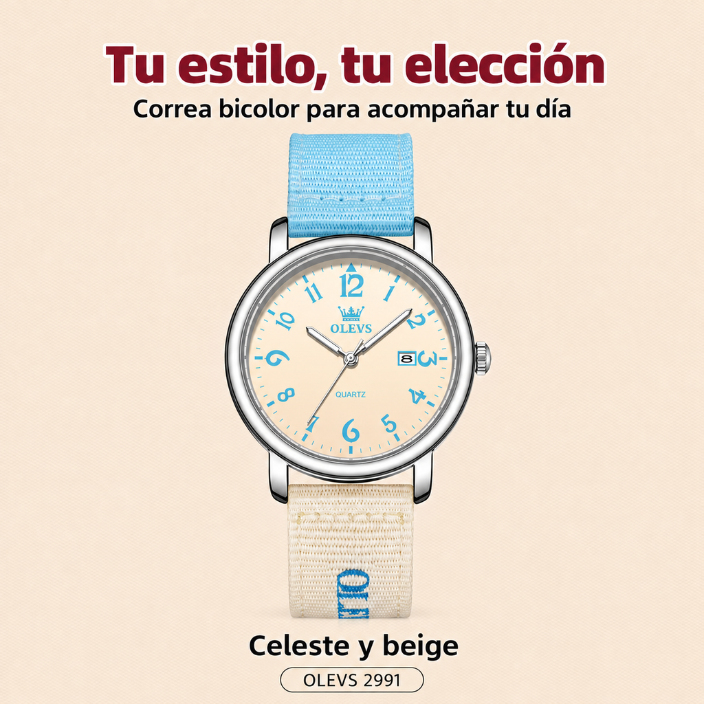 Reloj OLEVS 2991 para mujer celeste y beige, diseño y correa bicolor