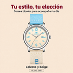 Reloj OLEVS 2991 para mujer celeste y beige, diseño y correa bicolor