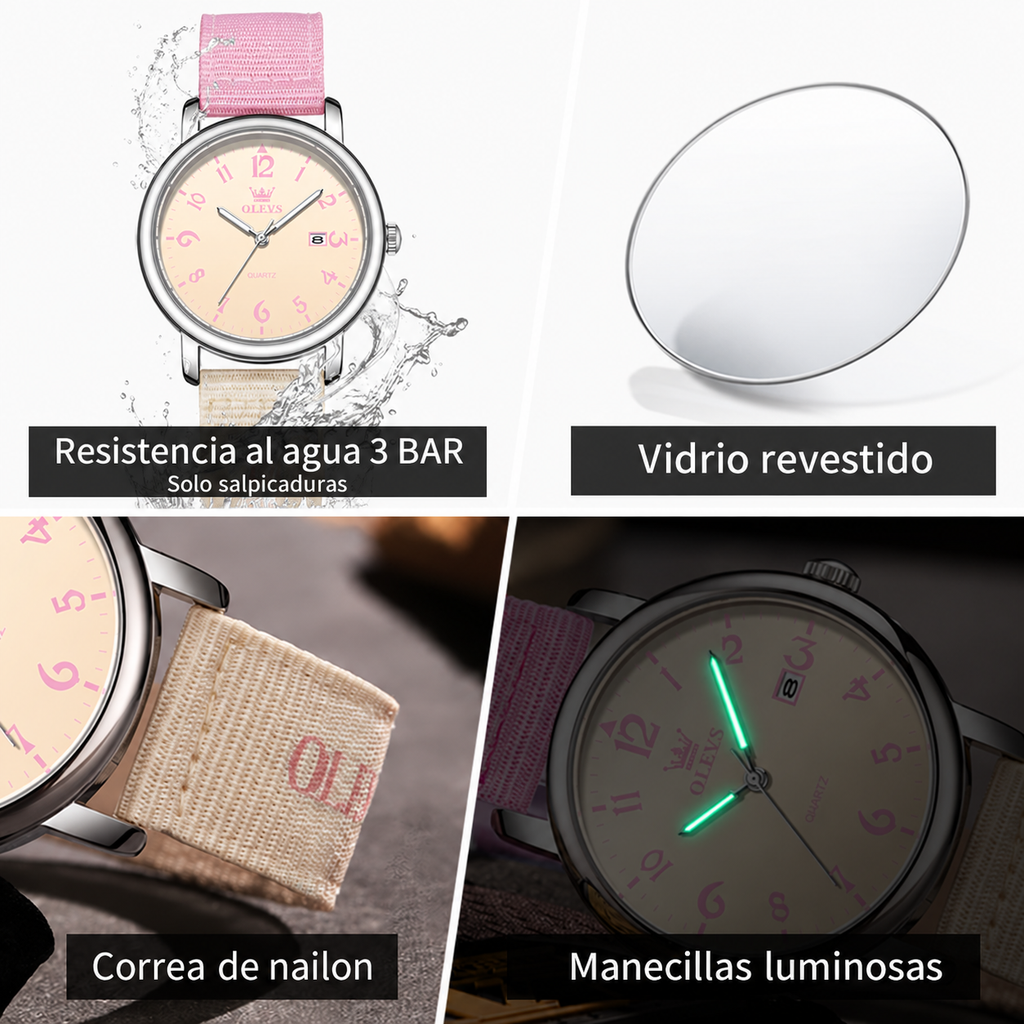 Reloj OLEVS 2991 para mujer rosado y beige, características en español: nailon, cristal, luminosidad y 3 BAR