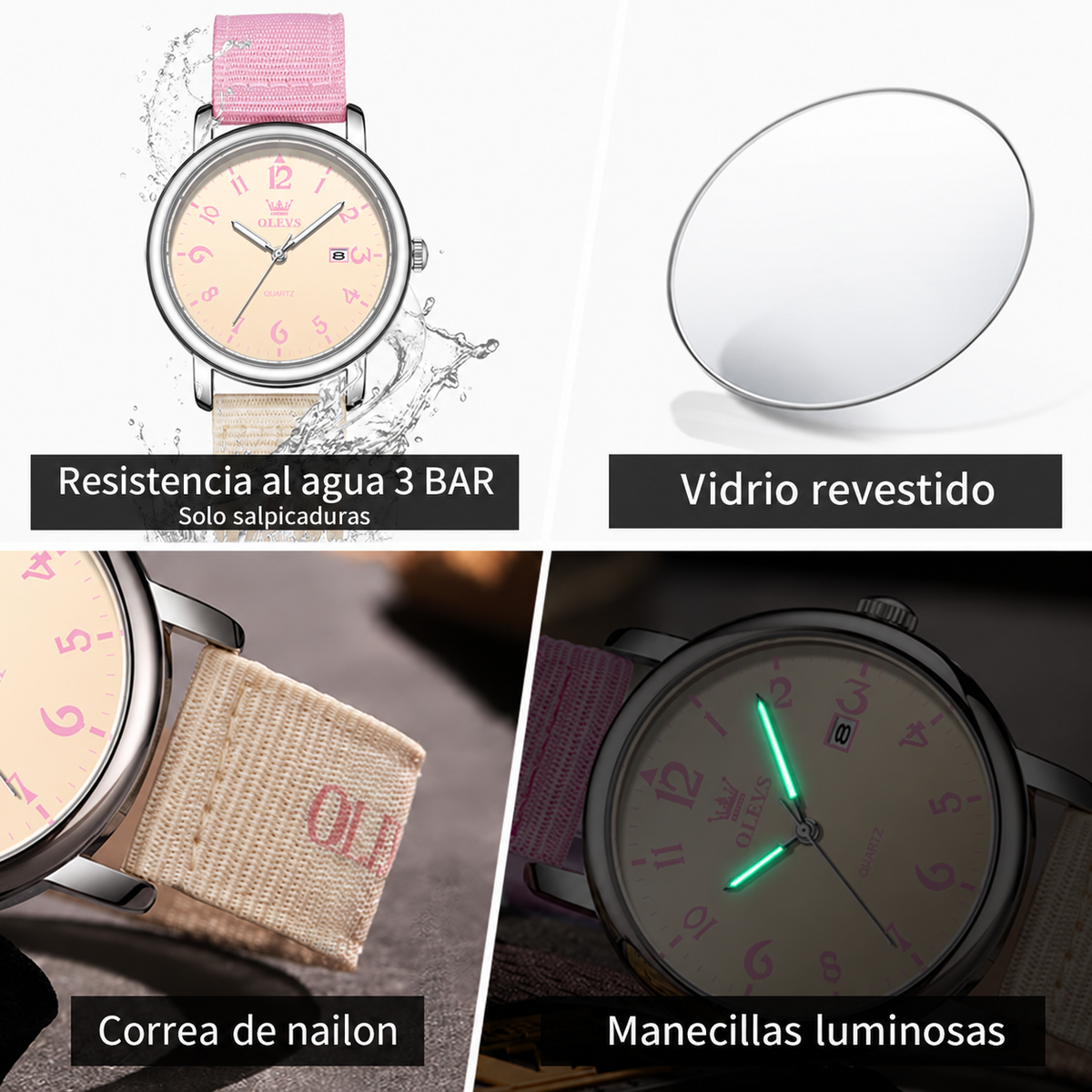 Reloj OLEVS 2991 para mujer rosado y beige, características en español: nailon, cristal, luminosidad y 3 BAR