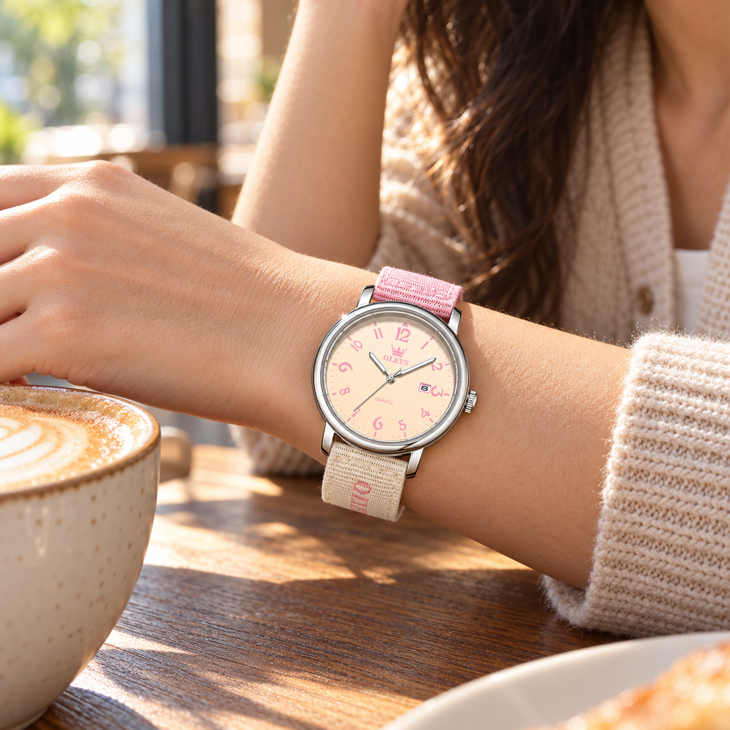 Reloj OLEVS 2991 para mujer rosado y beige, mujer usando el reloj en una cafetería