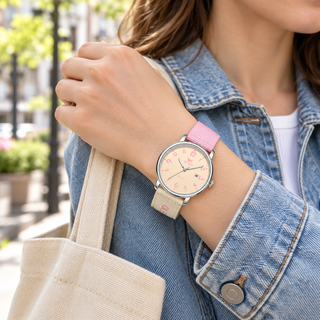 Reloj OLEVS 2991 para mujer rosado y beige, mujer usando el reloj durante un paseo