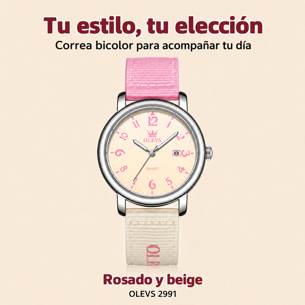 Reloj OLEVS 2991 para mujer rosado y beige, diseño y correa bicolor