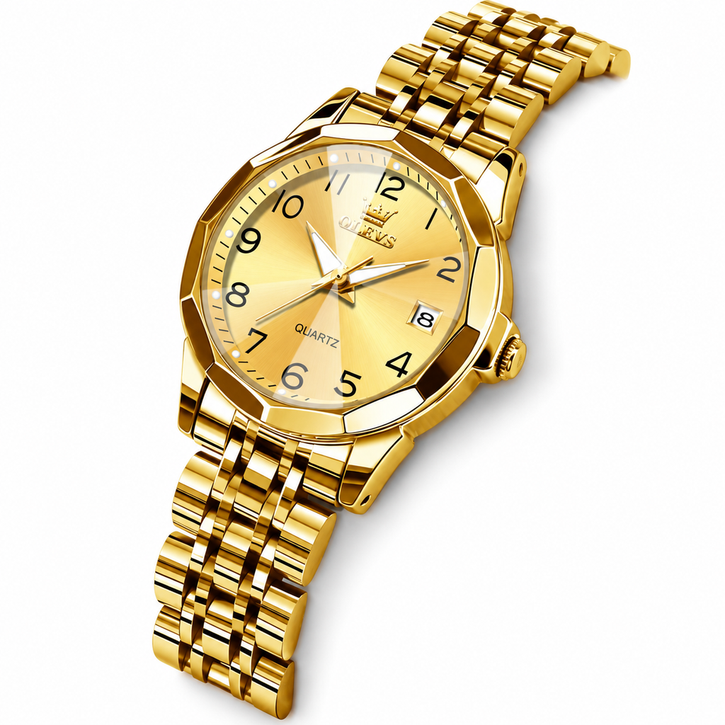 Reloj de mujer OLEVS 9970 dorado con cristal facetado, esfera con números arábigos y pulsera de acero