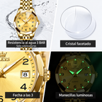 Características del OLEVS 9970 dorado en castellano: cristal facetado, fecha, luminosidad y resistencia a salpicaduras