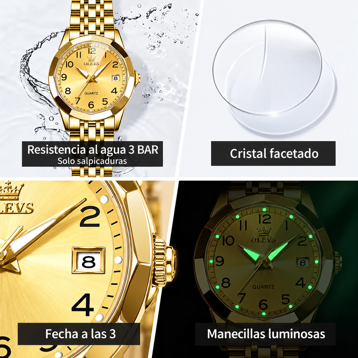 Características del OLEVS 9970 dorado en castellano: cristal facetado, fecha, luminosidad y resistencia a salpicaduras