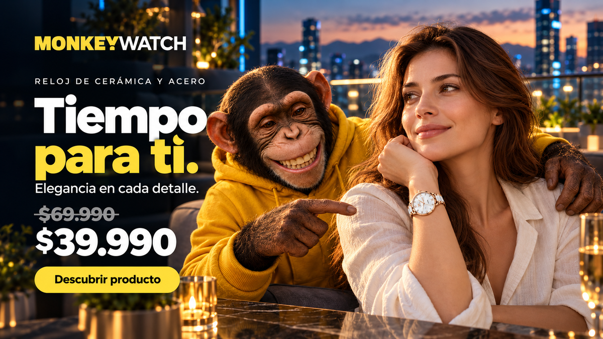 Reloj de cerámica y acero. Tiempo para ti. Precio normal $69.990, oferta $39.990. Mujer usando el reloj junto al simio Monkeywatch.