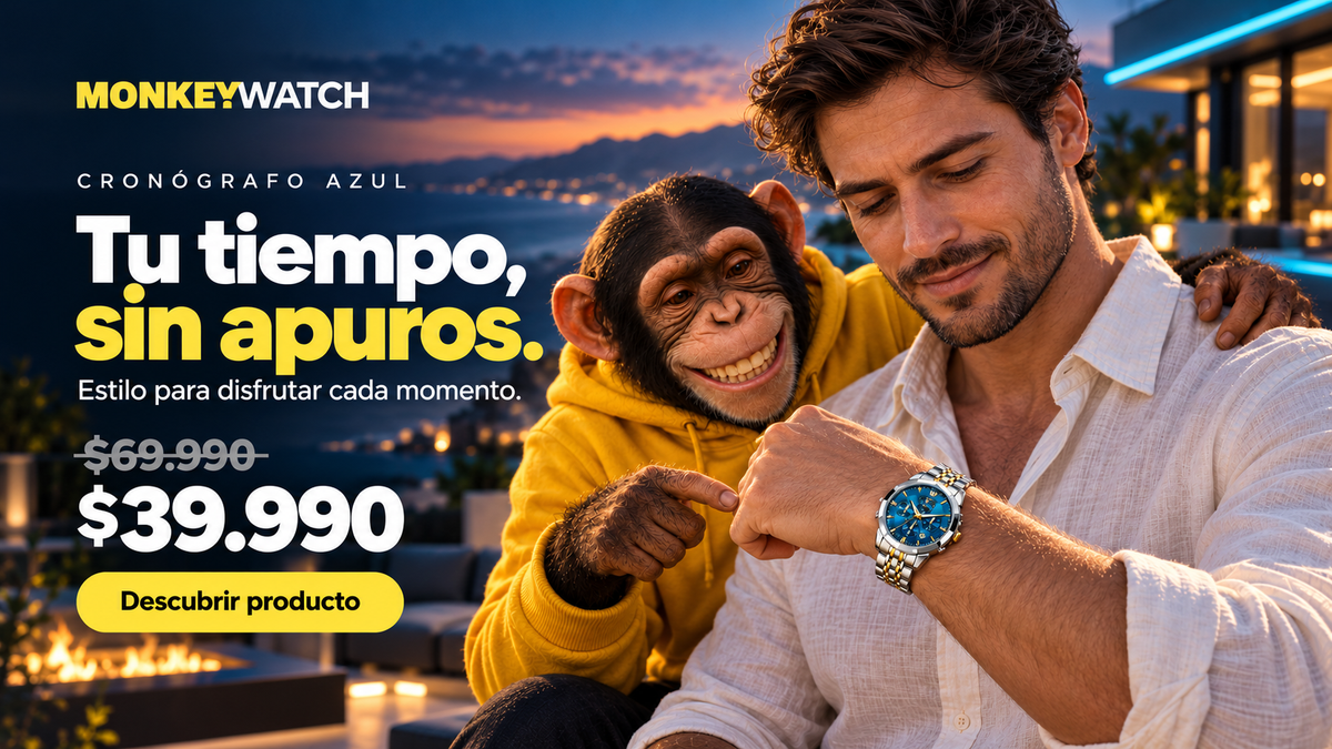 Cronógrafo azul. Tu tiempo, sin apuros. Precio normal $69.990, oferta $39.990. Hombre usando el reloj junto al simio Monkeywatch.