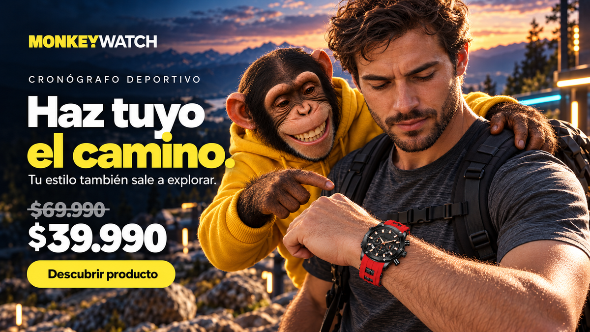 Cronógrafo deportivo. Haz tuyo el camino. Precio normal $69.990, oferta $39.990. Hombre usando el reloj de correa roja junto al simio Monkeywatch.