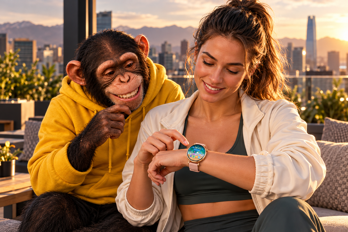 Mujer usando un smartwatch DS5 Mini junto al simio Monkeywatch en Santiago