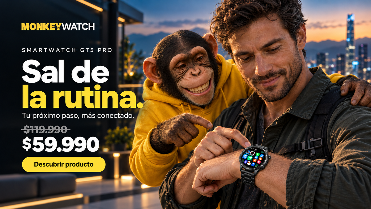 Smartwatch GT5 Pro. Sal de la rutina. Precio normal $119.990, oferta $59.990. Hombre usando el reloj junto al simio Monkeywatch. Descubrir producto.