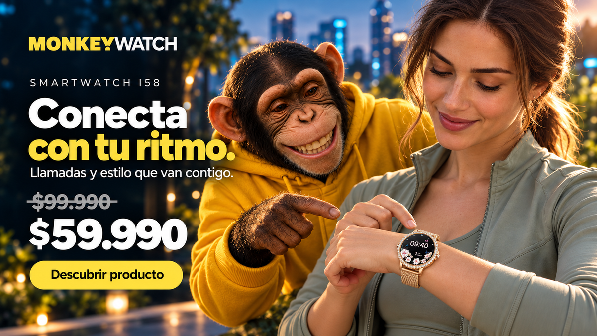 Smartwatch I58. Conecta con tu ritmo. Precio normal $99.990, oferta $59.990. Mujer usando el smartwatch junto al simio Monkeywatch.
