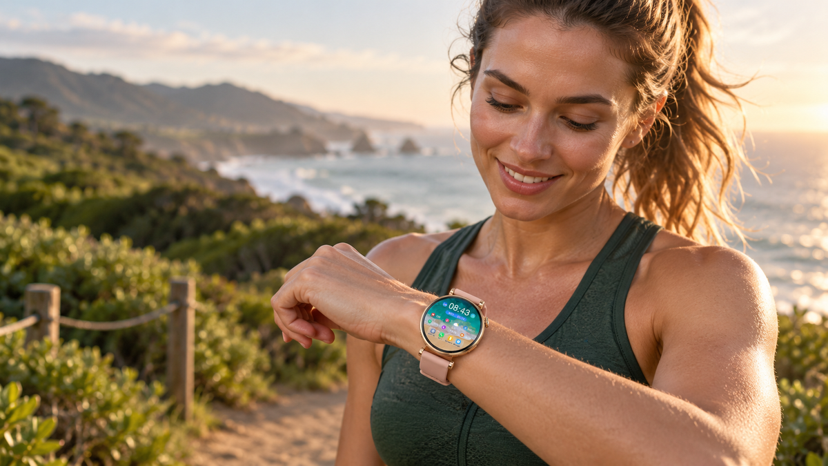 Mujer con smartwatch DS5 Mini dorado y correa rosa durante una pausa en un sendero costero.