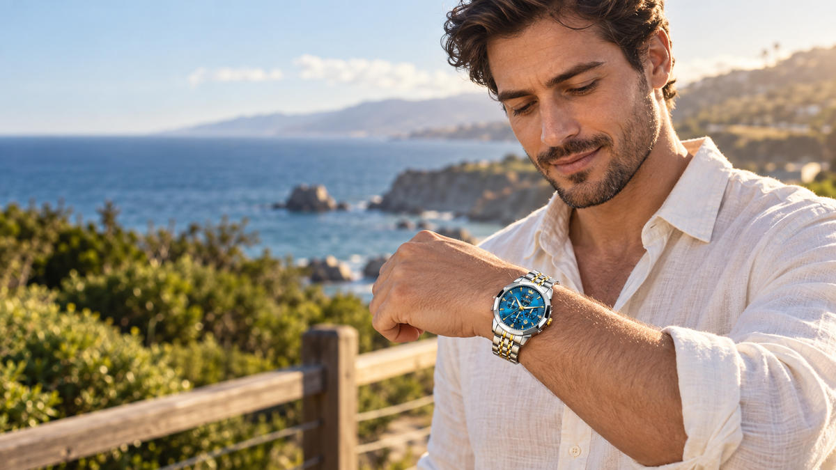 Hombre usando un cronógrafo azul con brazalete bicolor junto al mar.
