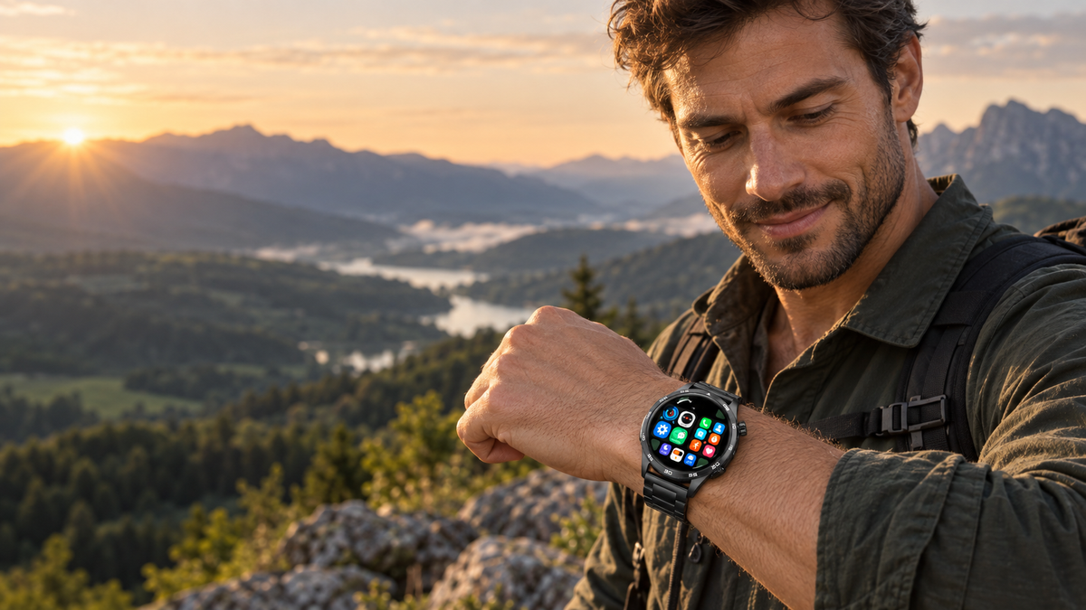 Hombre usando el smartwatch GT5 Pro negro en un mirador de montaña.