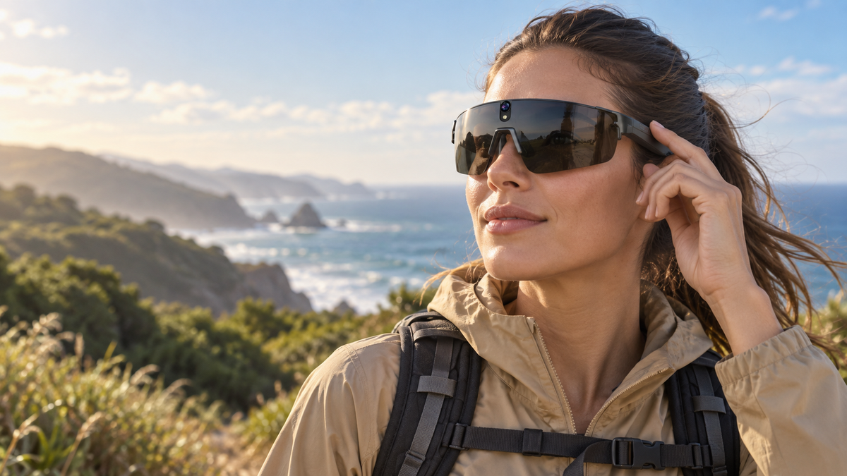 Mujer usando lentes inteligentes deportivos con cámara en un sendero costero.