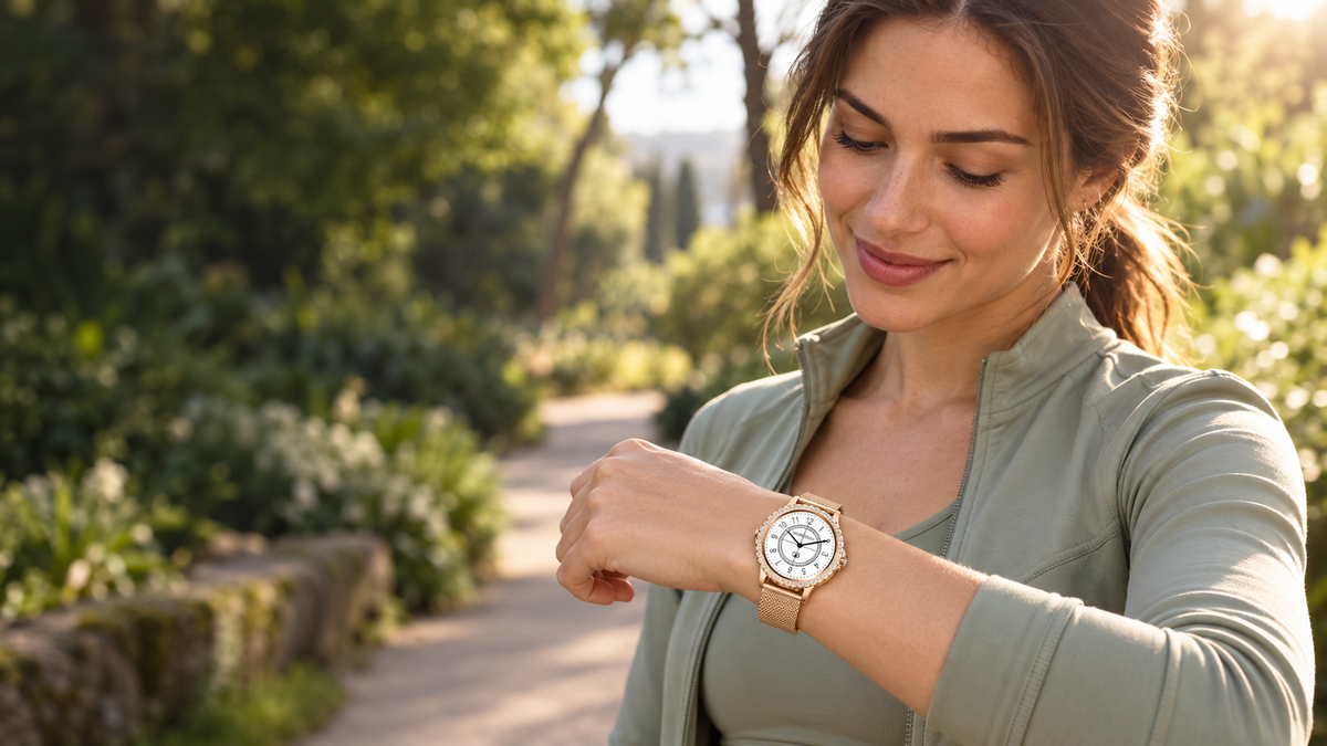 Mujer usando smartwatch I58 dorado durante un paseo por un parque.