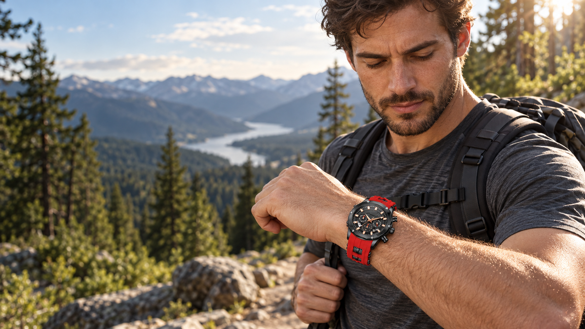Hombre con cronógrafo deportivo de correa roja en un sendero de montaña.