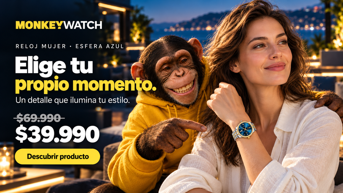 Reloj de mujer con esfera azul. Elige tu propio momento. Precio normal $69.990, oferta $39.990. Mujer usando el reloj junto al simio Monkeywatch.