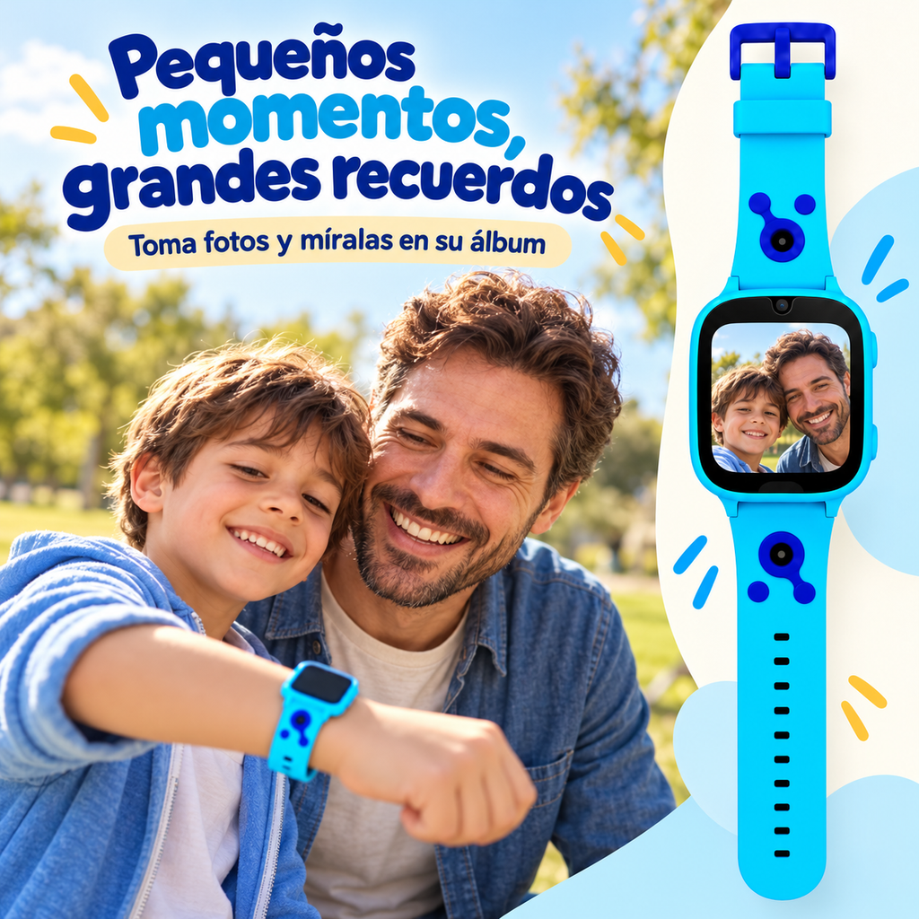 Color azul: niño tomando una foto en familia con la cámara de su reloj