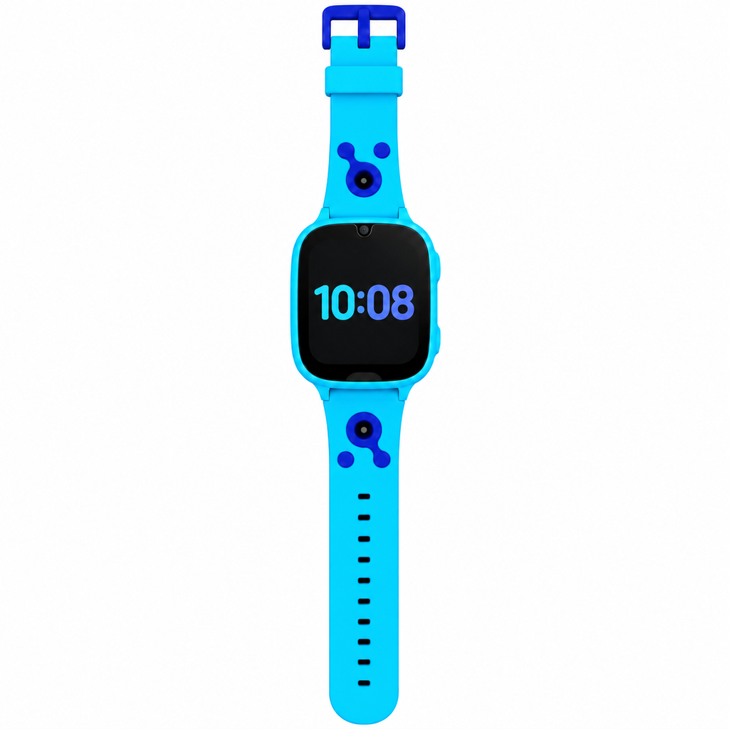 Color azul: smartwatch infantil con cámara, vista frontal completa sobre fondo blanco
