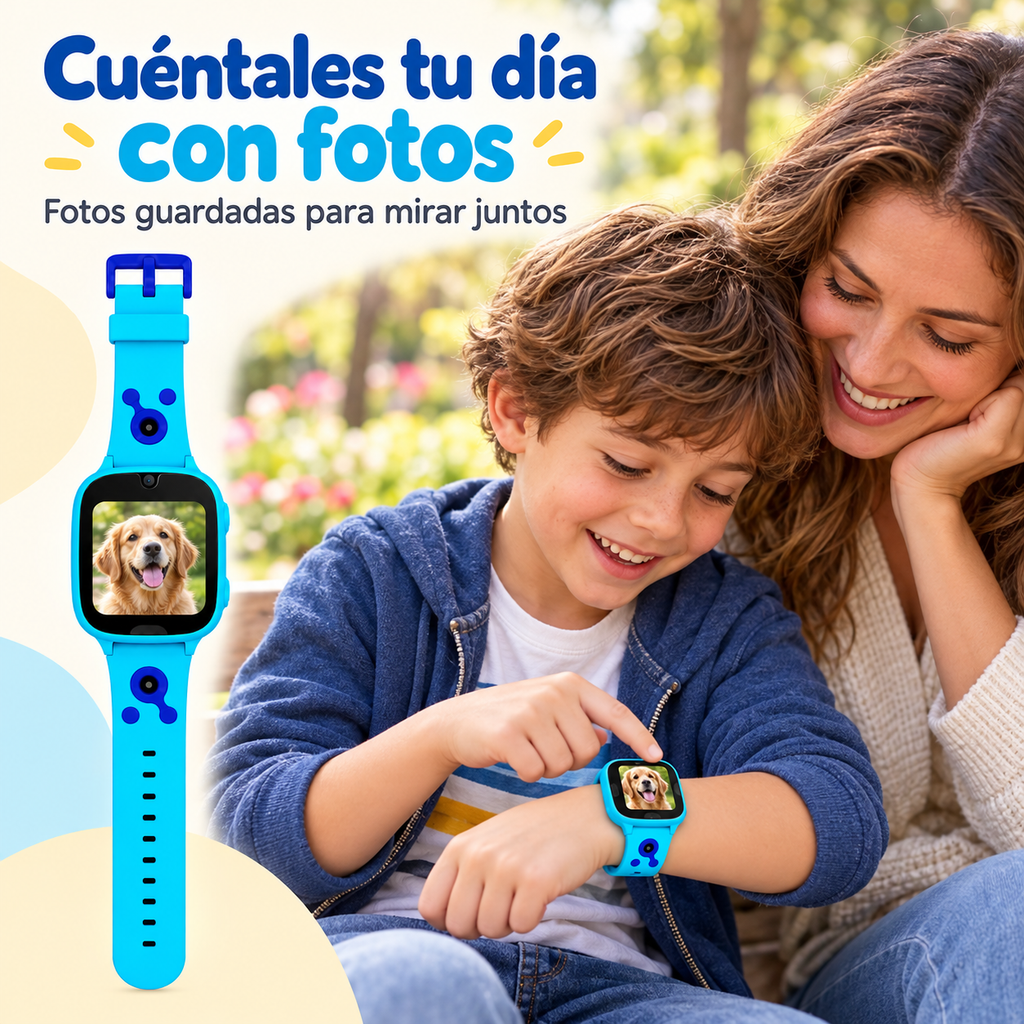 Color azul: niño mostrando a su padre o madre las fotos guardadas en el reloj